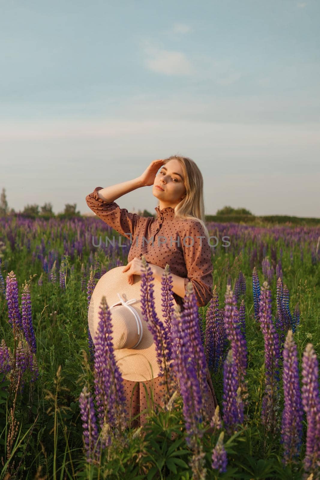 A beautiful woman in a straw hat walks in a field with purple flowers. A walk in nature in the lupin field by Annu1tochka