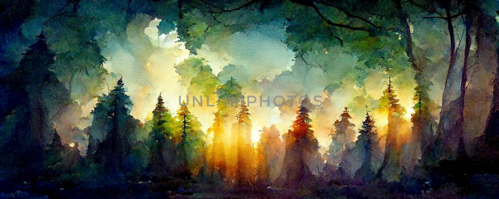 Digital structure of painting. Watercolor landscape in the fores