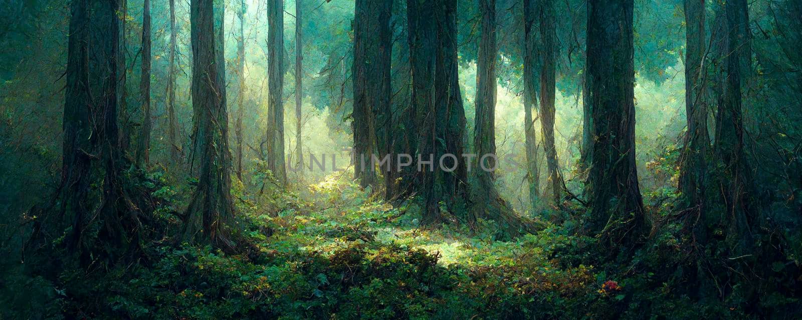 Lovely magic colored blurred foggy forest trees with illustrated abstract bokeh light