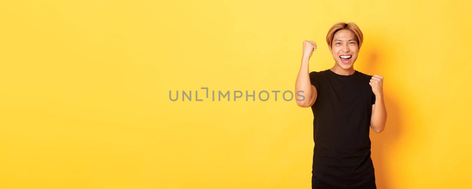 Portrait of triumphing confident asian man, fist pump and smiling happy, celebrating victory or achievement, standing yellow background.