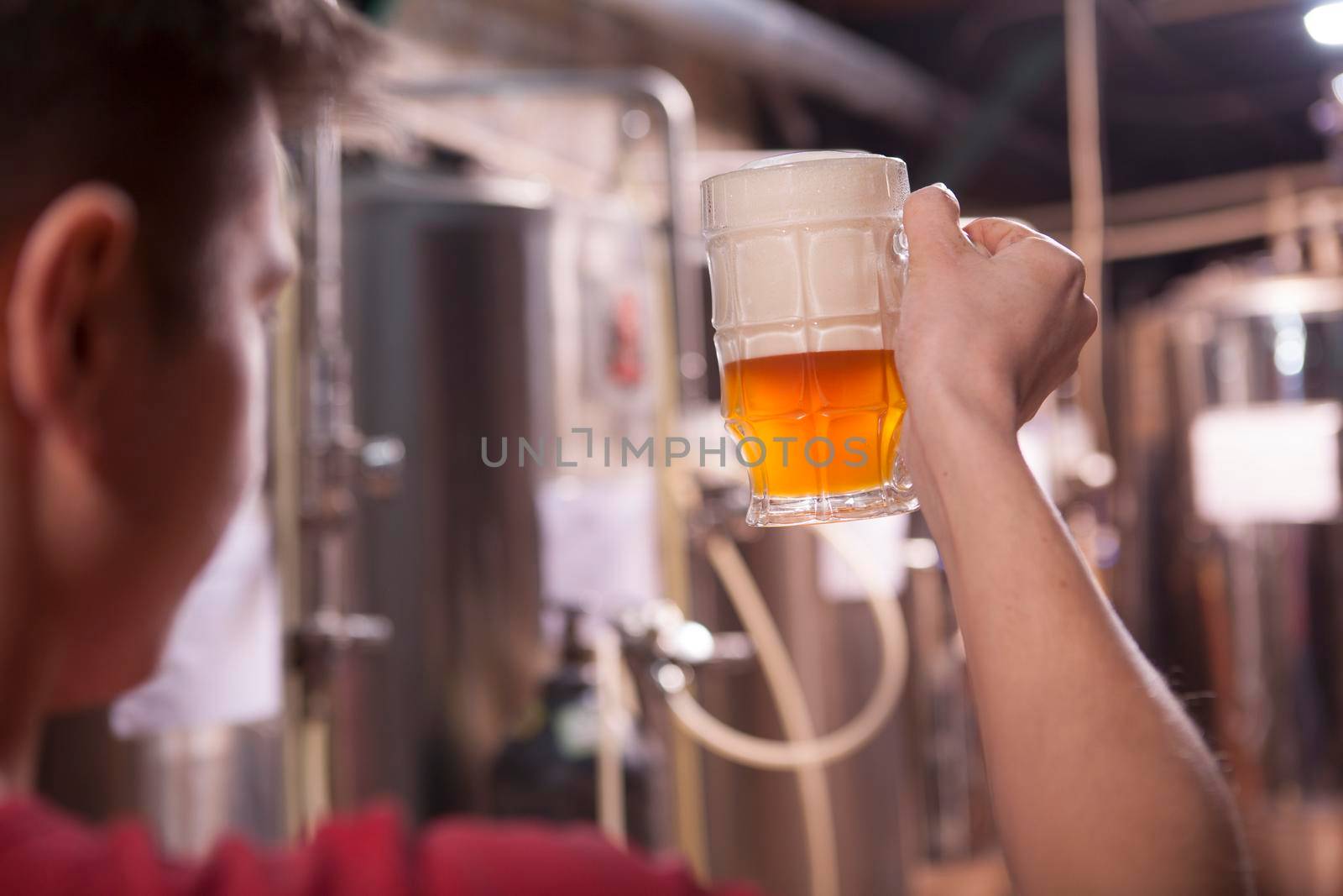 Cropped close up of a brewer examining quality of freshly brewed beer in a mug