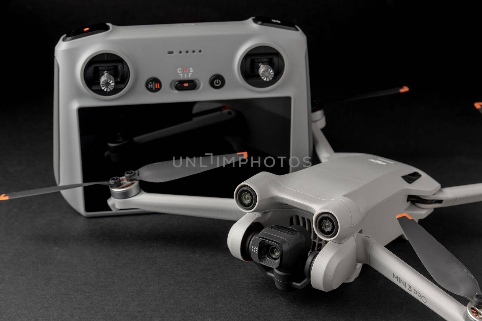 Antalya, Turkey - September 15, 2022: Mini 3 Pro drone of Dji brand with Vertical camera on dark background