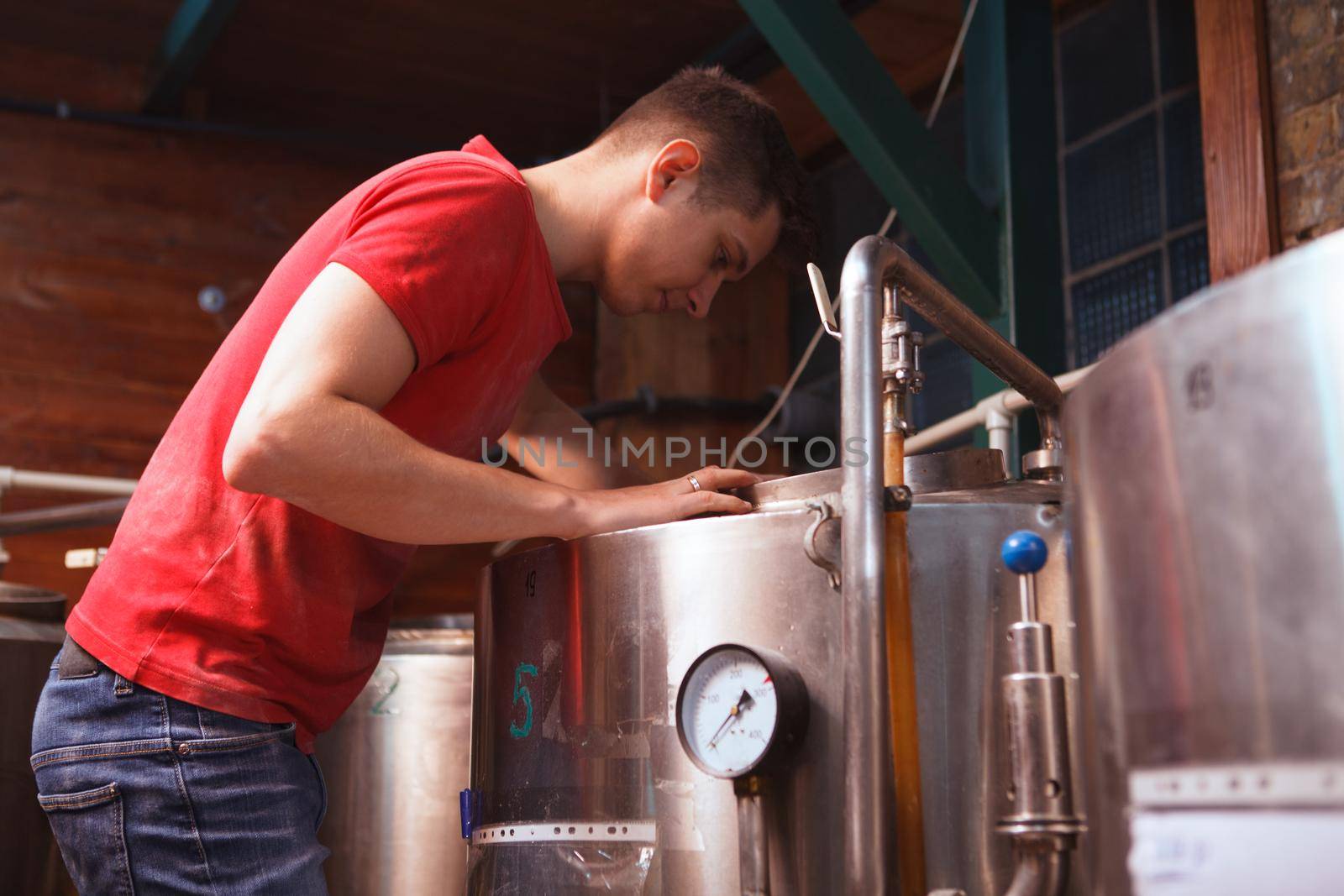 Male brewery worker looking into beer tank