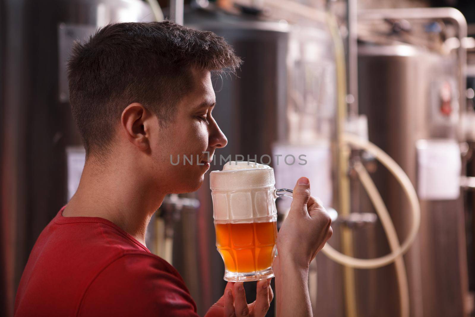 Young professional brewer smelling aromatic freshly brewed beer, copy space