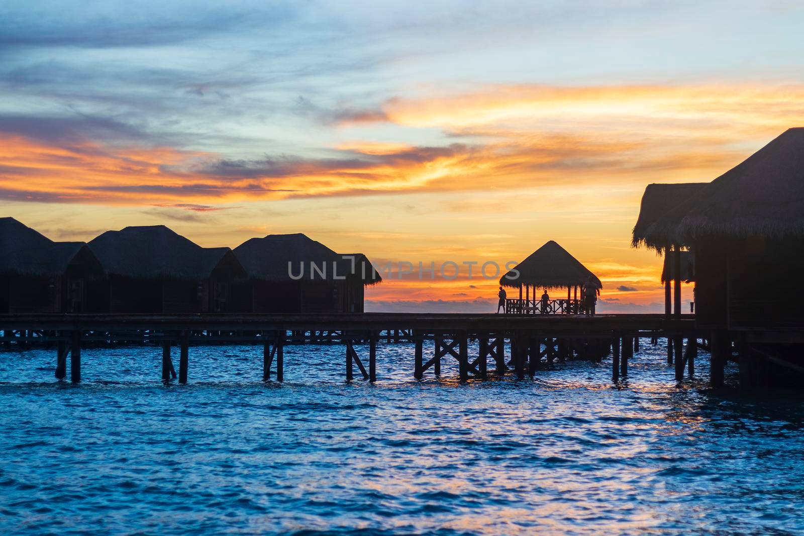 Shot of a over water bungalows on tropical island