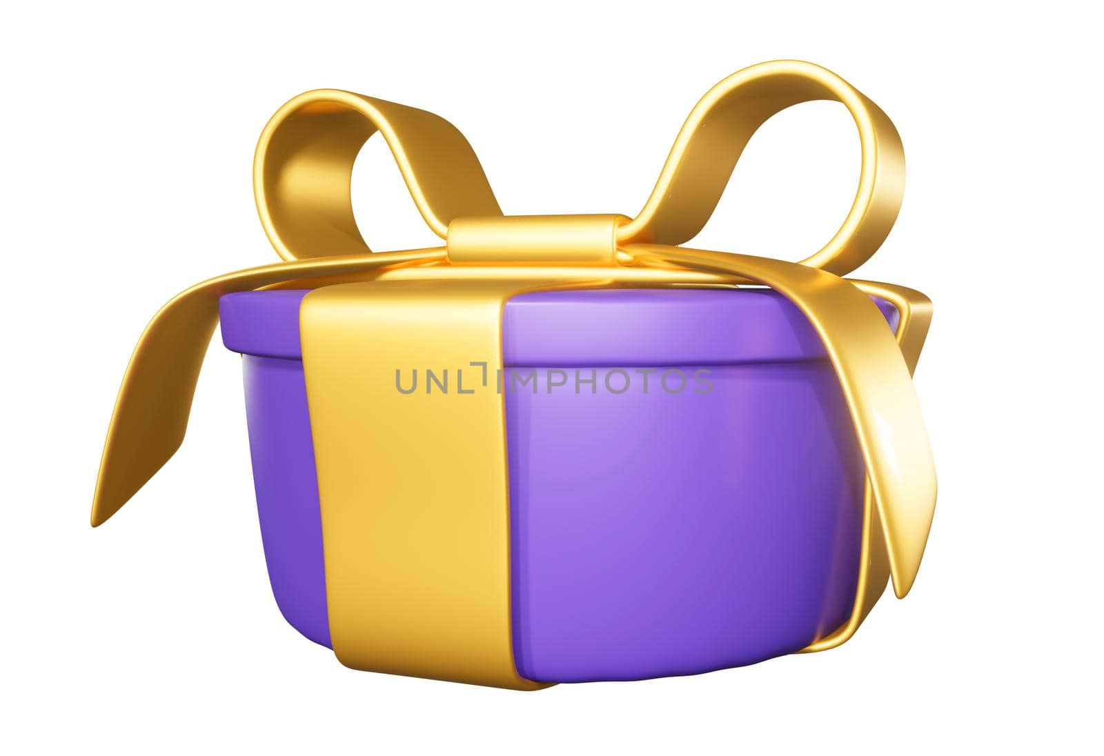 Realistic 3D Gift Purple Box and Gold Bow on white. by yganko