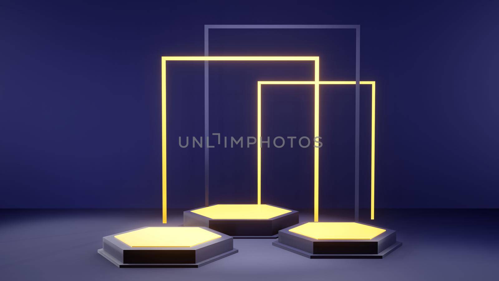 abstract geometry shape podium, blue and gold pastel product stand presentation with minimal style. 3d rendering illustration