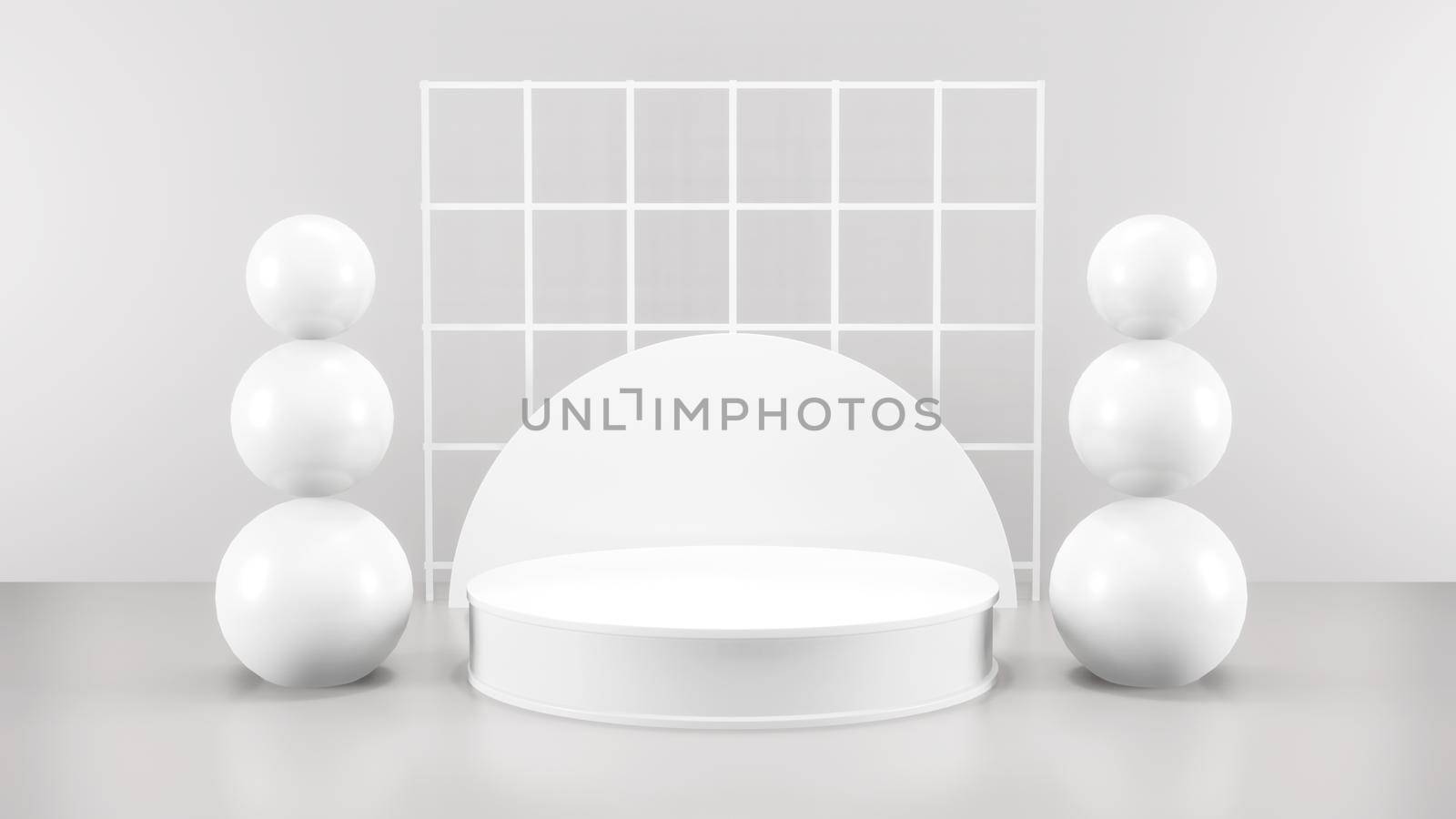 Geometric shape background in the white and grey studio room, minimalist mockup for podium display or showcase, 3d rendering. by Benzoix