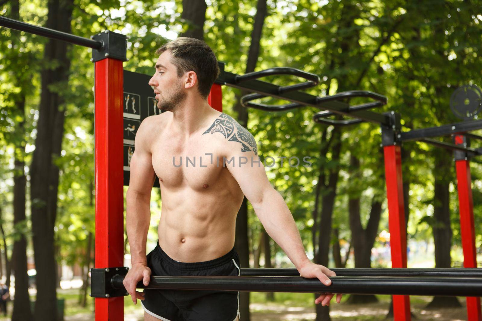 Shirtless sexy sportsman with perfect muscular body working out in the woods, copy space