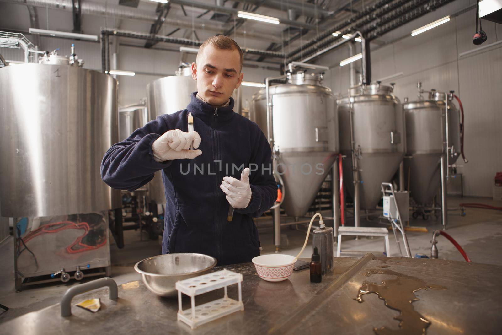 Professional male brewer running quality tests at beer factory, copy space