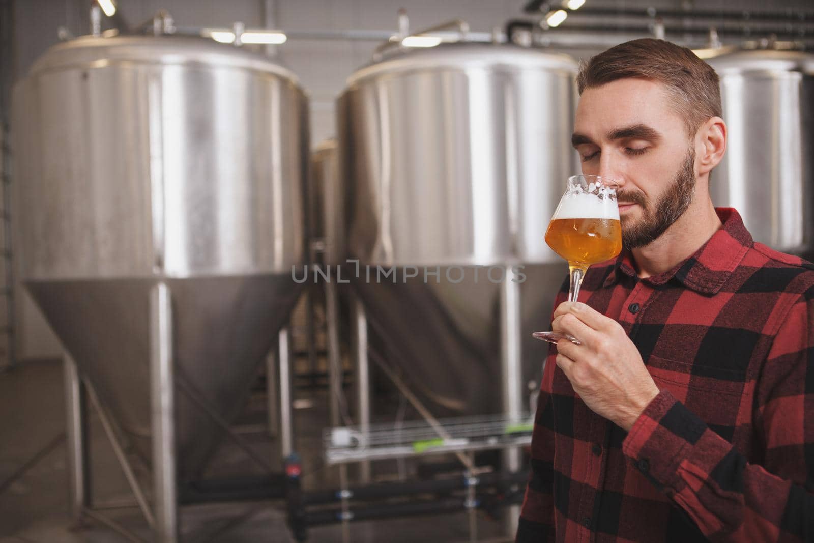 Attractive male brewer smelling aromatic freshly brewed beer at microbrewery, copy space