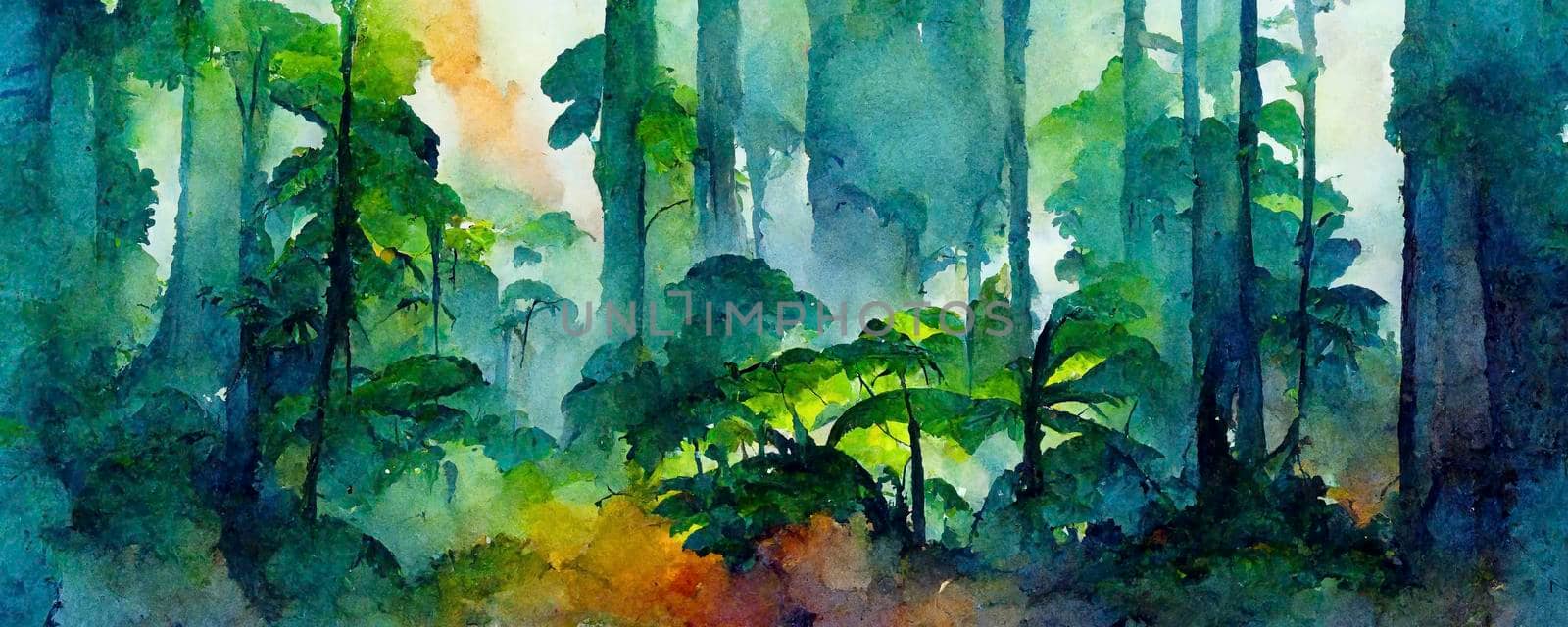 Computer-generated tropical landscape illustration. watercolors, acrylics and ink. CGI