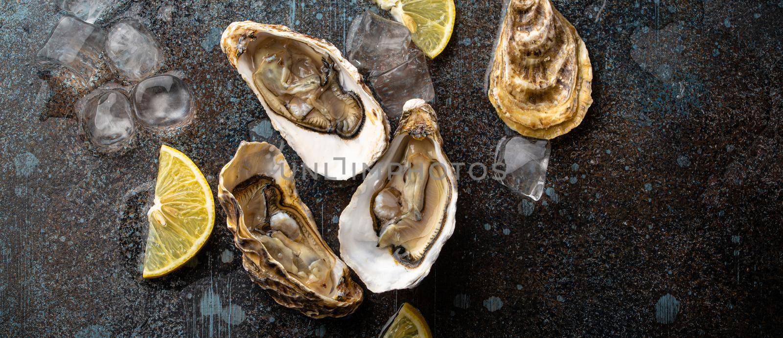 Fresh open oysters top view with lemon wedges and ice by its_al_dente