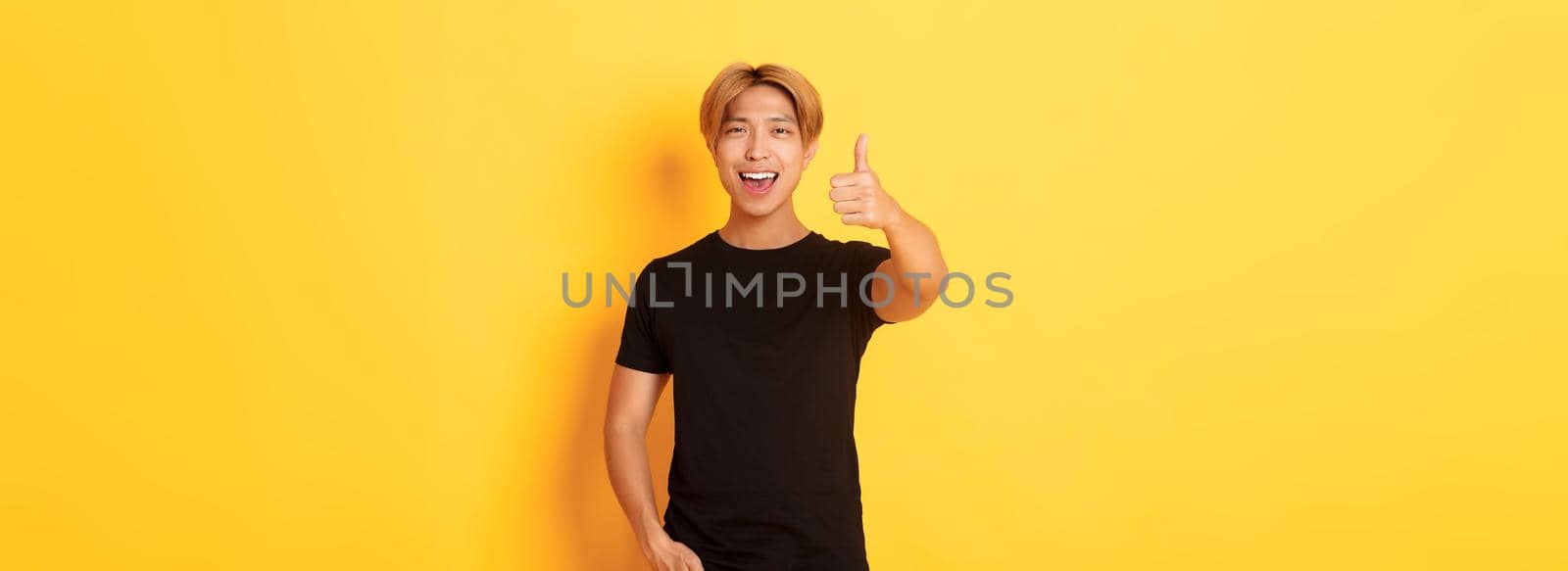 Portrait of pleased handsome asian guy, showing thumbs-up in approval, standing over yellow background.