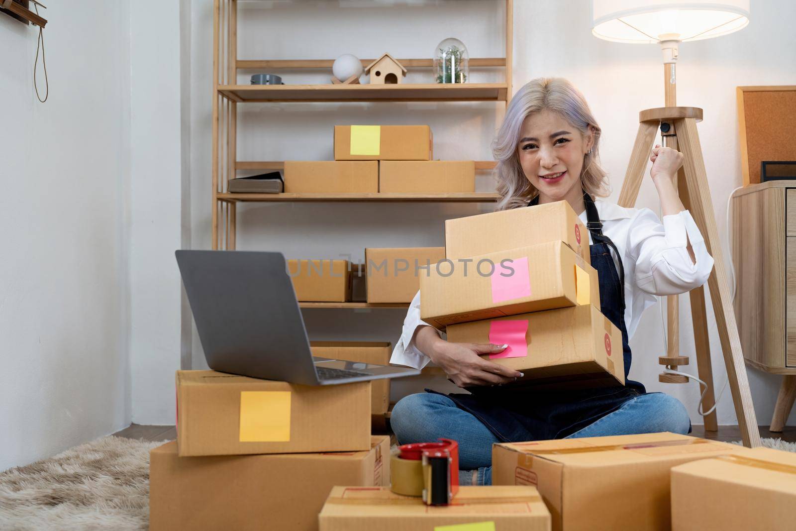 Happy and excited success asian woman entrepreneur with parcel boxes, SME sellers, and freelance online sales concept by nateemee