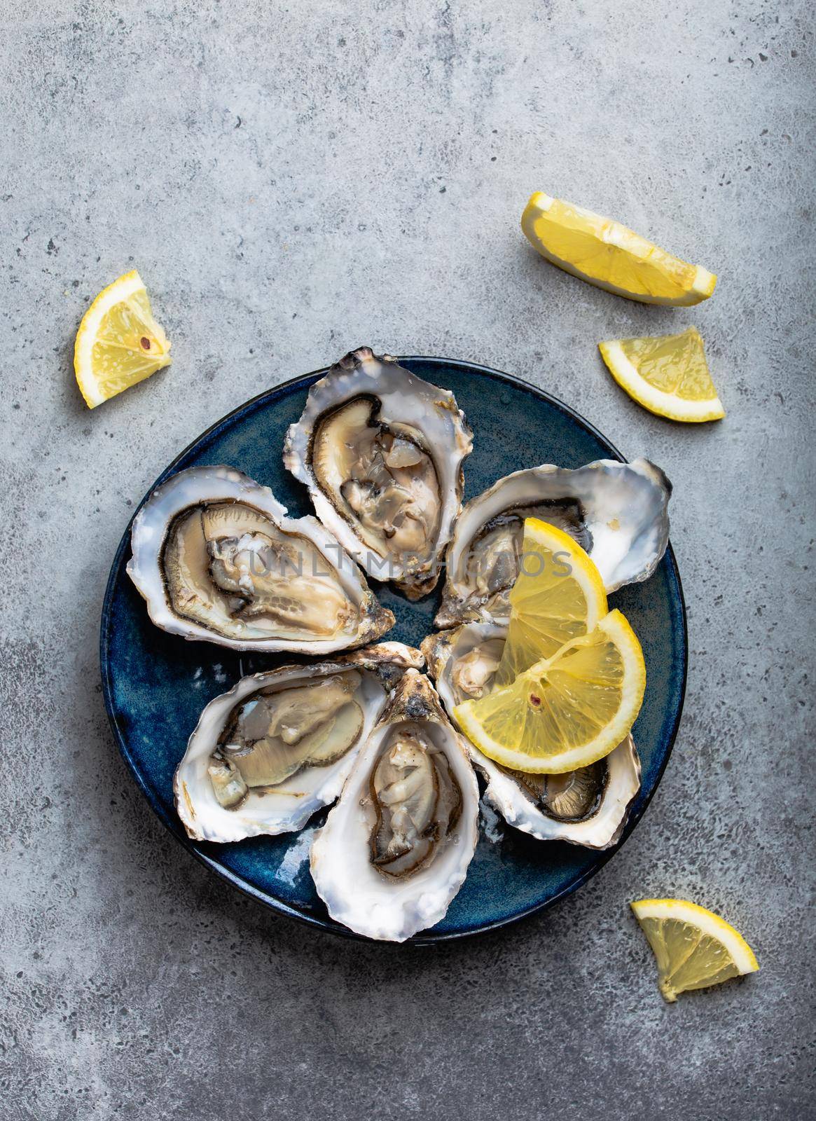Set of half dozen fresh opened oysters in shell with lemon wedges served on rustic blue plate on gray stone background, close up, top view