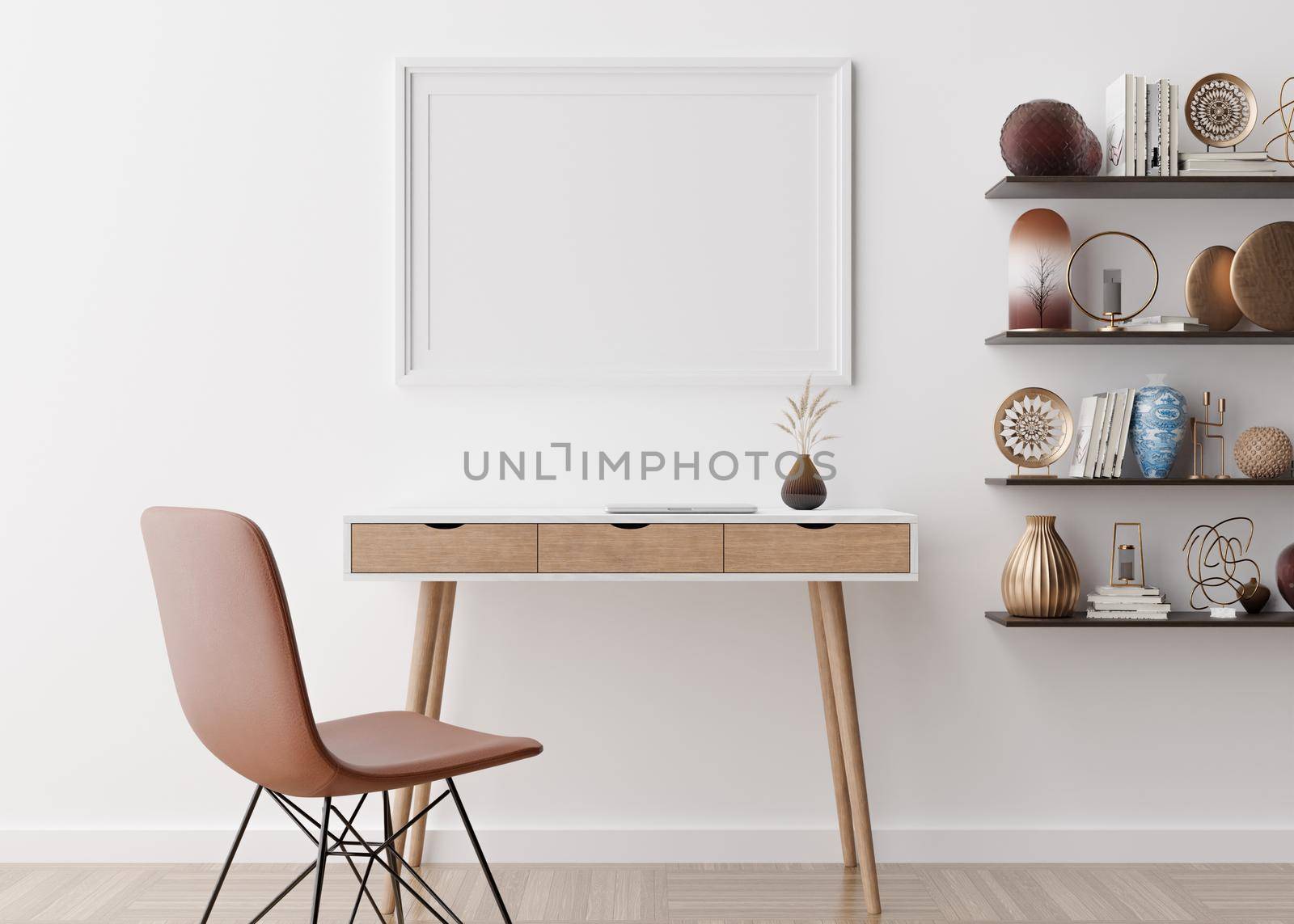 Empty picture frame on white wall in modern home office. Mock up interior in scandinavian style. Free space, copy space for your picture, text, or another design. Desk, chair, parquet. 3D rendering