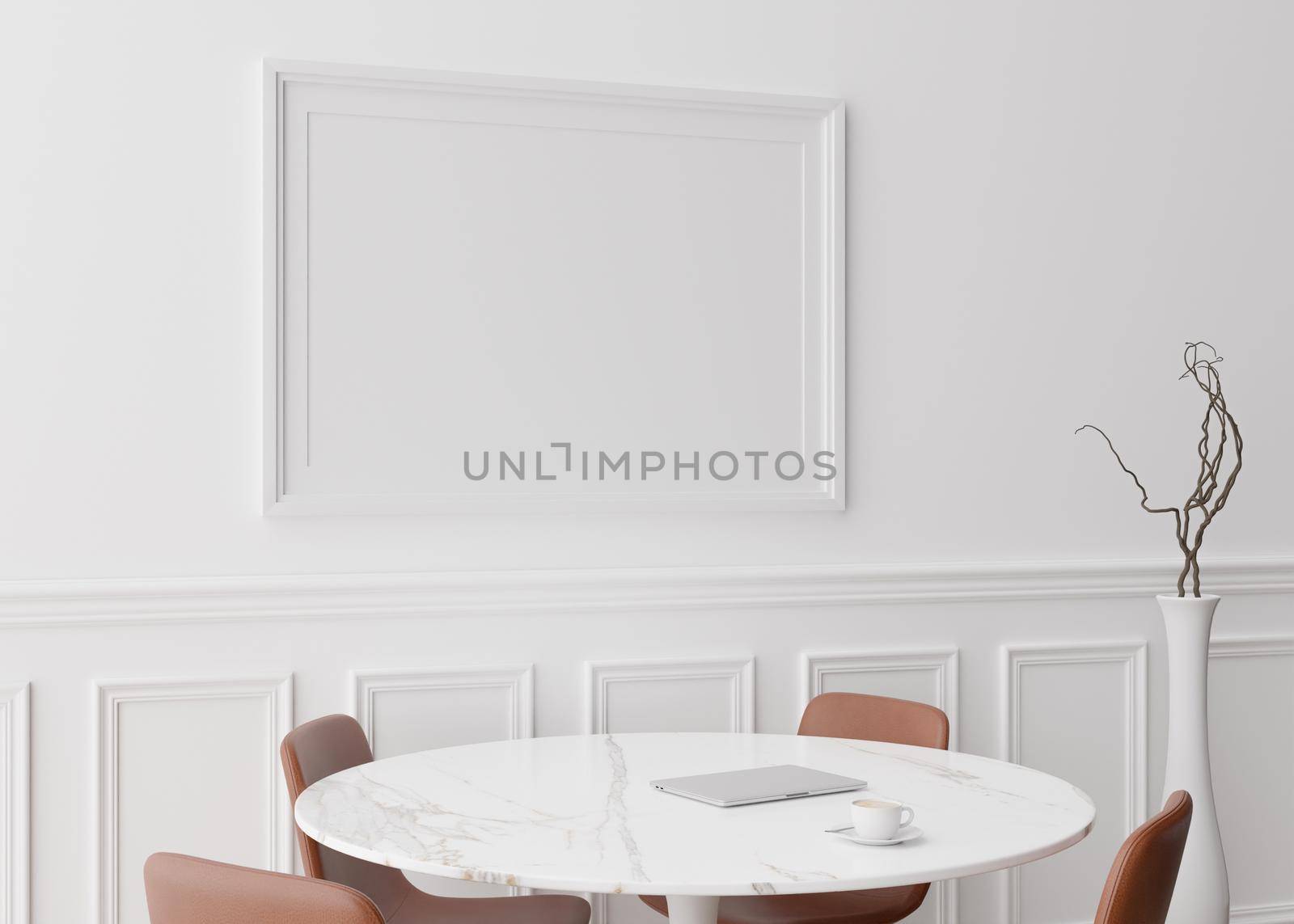 Empty picture frame on white wall in modern dining room. Mock up interior in classic style. Free space, copy space for your picture, text, or another design. Table, chairs, vase. 3D rendering. by creativebird