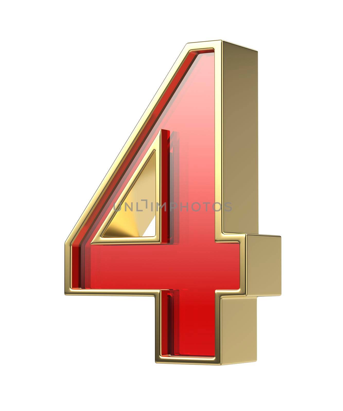 Number four with golden frame and red glass, isolated on white background