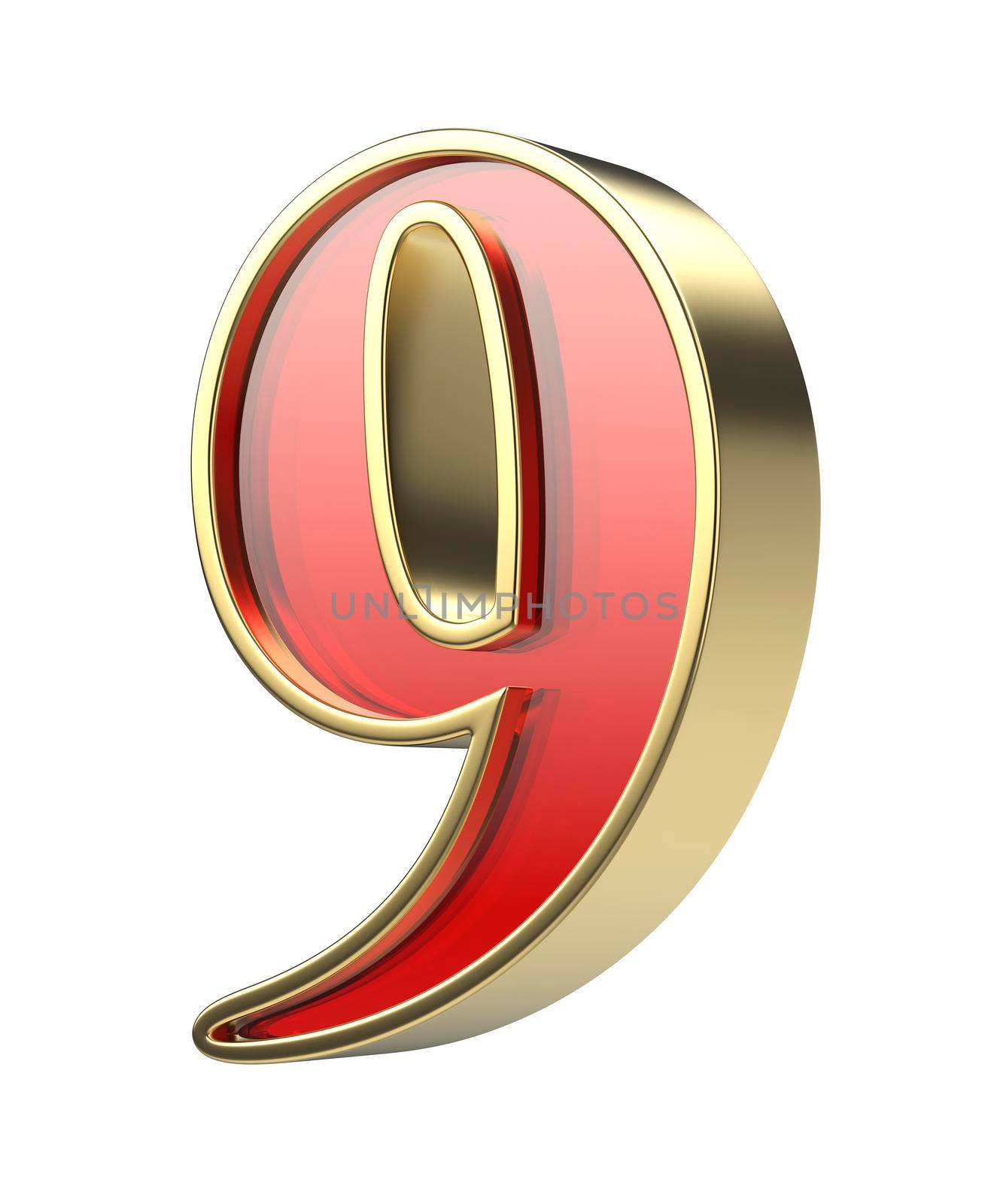 Number nine with golden frame and red glass, isolated on white background