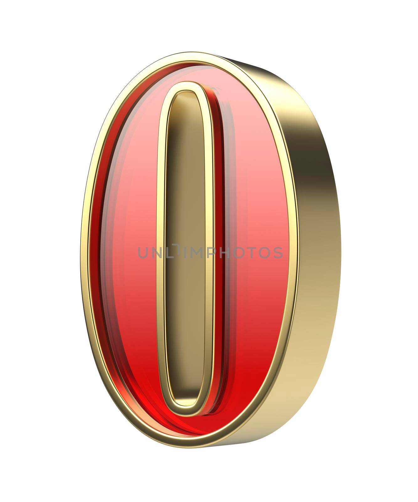 Number zero with golden frame and red glass, isolated on white background