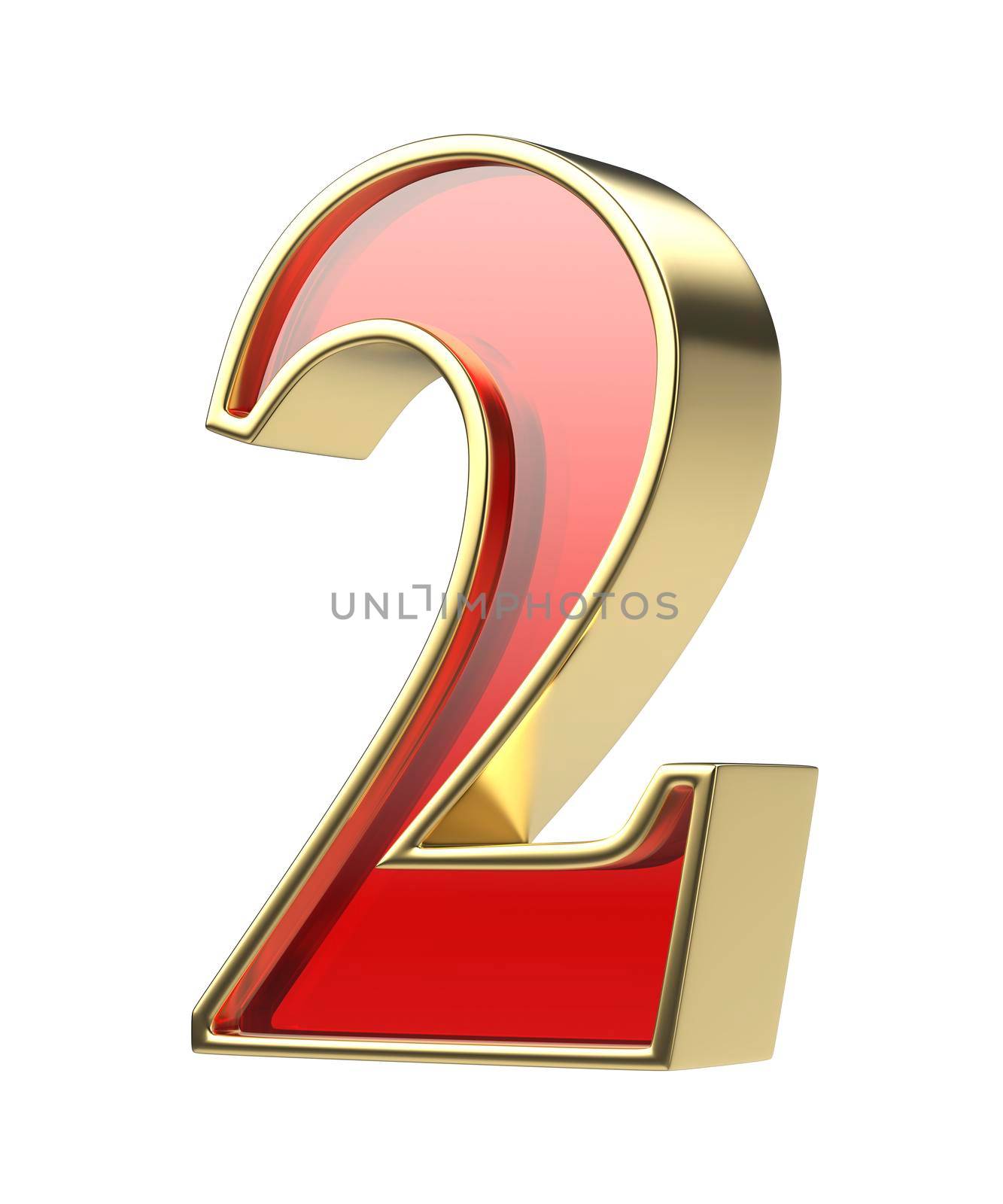 Number two with golden frame and red glass, isolated on white background