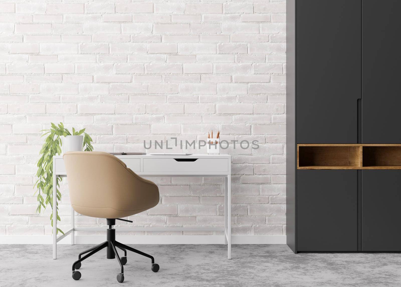 Empty white brick wall in modern living room. Mock up interior in contemporary style. Free space, copy space for your picture, text, or another design. Desk, chair, indoor plant. 3D rendering