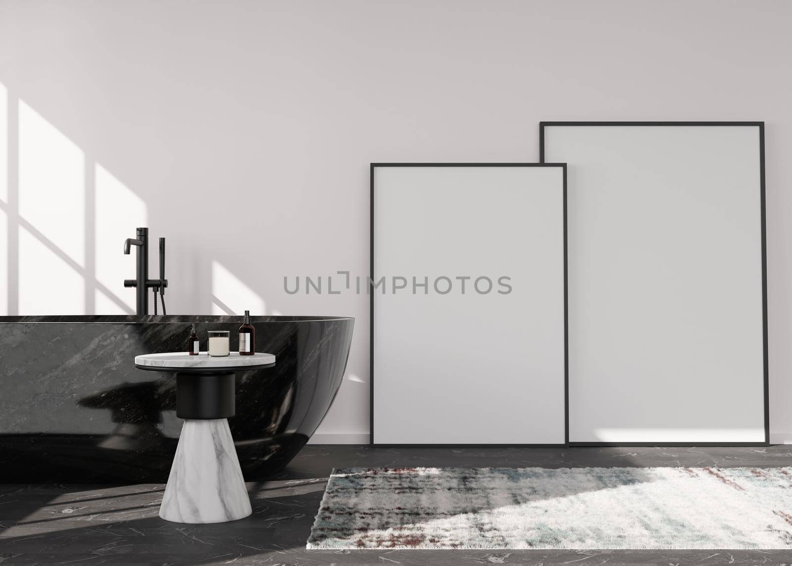 Two empty vertical picture frames in modern bathroom. Mock up interior in contemporary style. Free space for picture, poster. Bath, table, carpet. 3D rendering