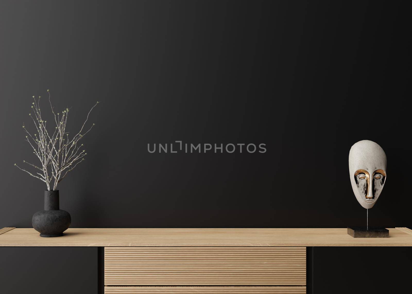 Empty black wall. Mock up interior in contemporary style. Close up view. Free space, copy space for your picture, text, or another design. Sideboard, vase, sculpture. 3D rendering. by creativebird