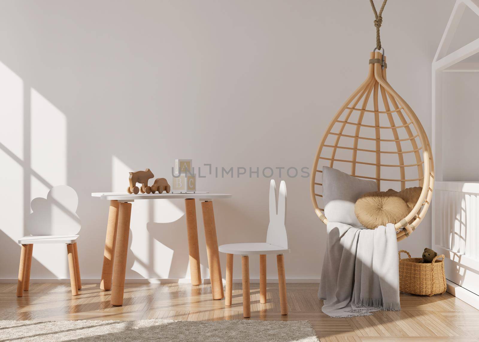 Empty white wall in modern child room. Mock up interior in scandinavian, boho style. Free, copy space for your picture, poster. Table, rattan hanging armchair, toys. Cozy room for kids. 3D rendering