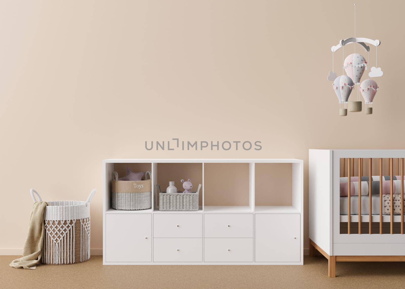 Empty cream wall in modern child room. Mock up interior in contemporary style. Free space, copy space for your picture, poster. Bed, console, toys. Cozy room for kids. 3D rendering. by creativebird