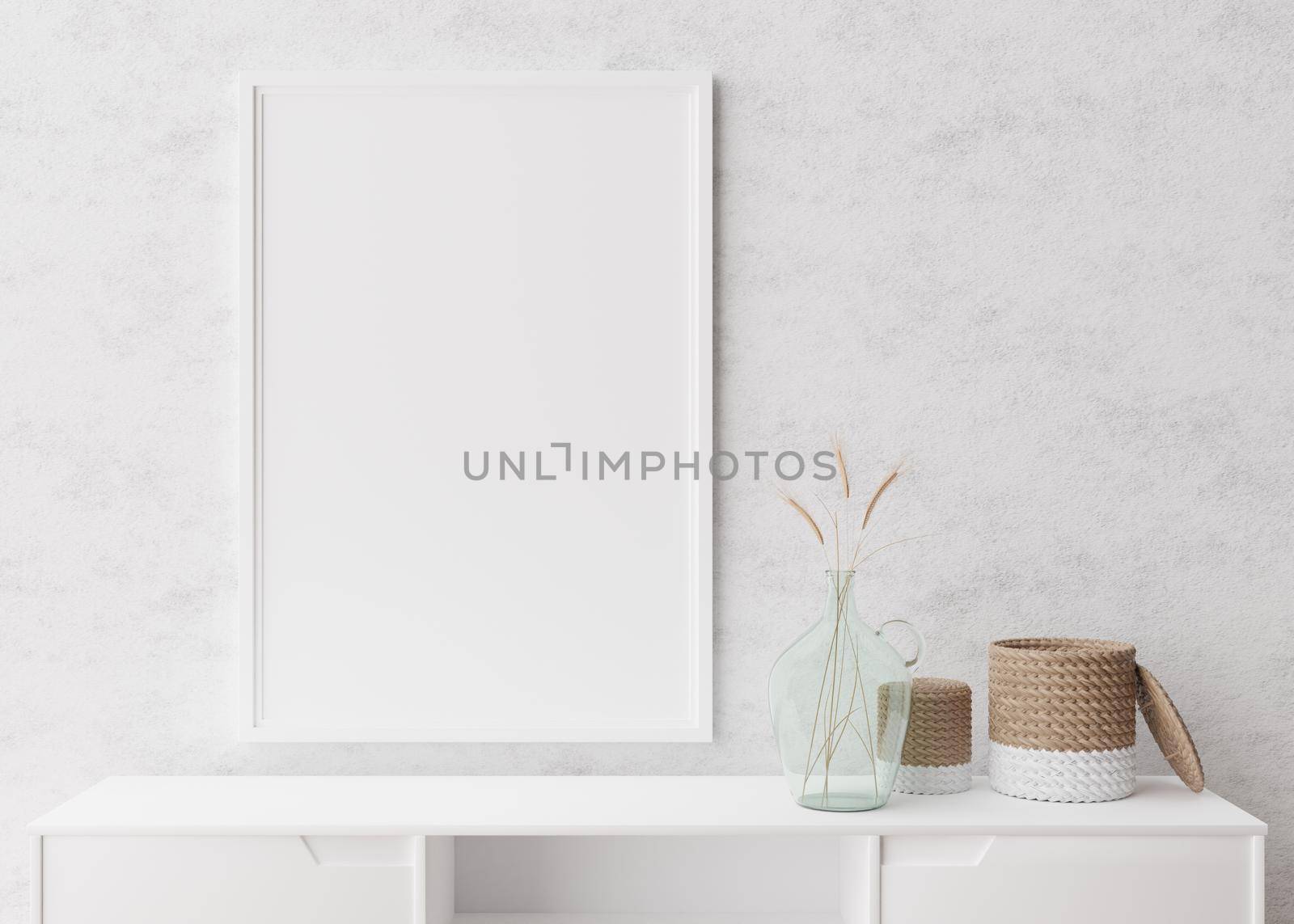 Empty vertical picture frame on white wall in modern living room. Mock up interior in minimalist, scandinavian style. Free space for picture. Console, rattan basket, dried grass in vase. 3D rendering