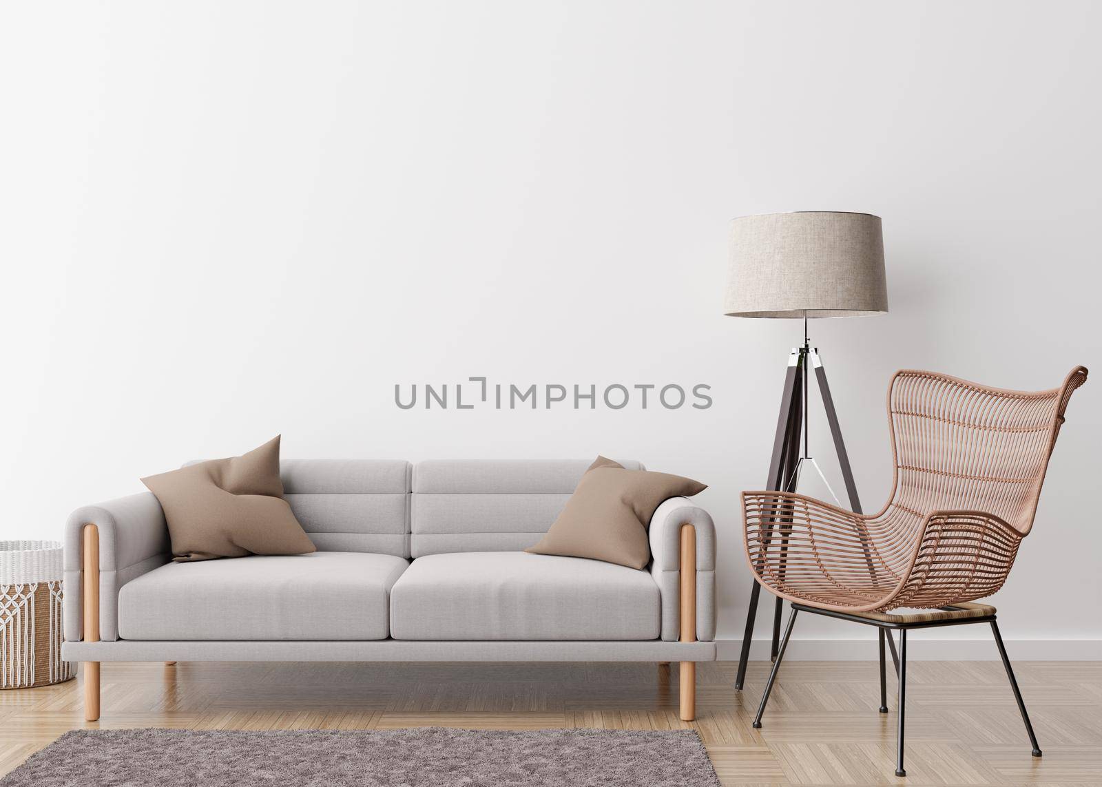 Empty white wall in modern living room. Mock up interior in contemporary, scandinavian style. Free, copy space for picture, poster, text, or another design. Sofa, rattan armchair, lamp. 3D rendering