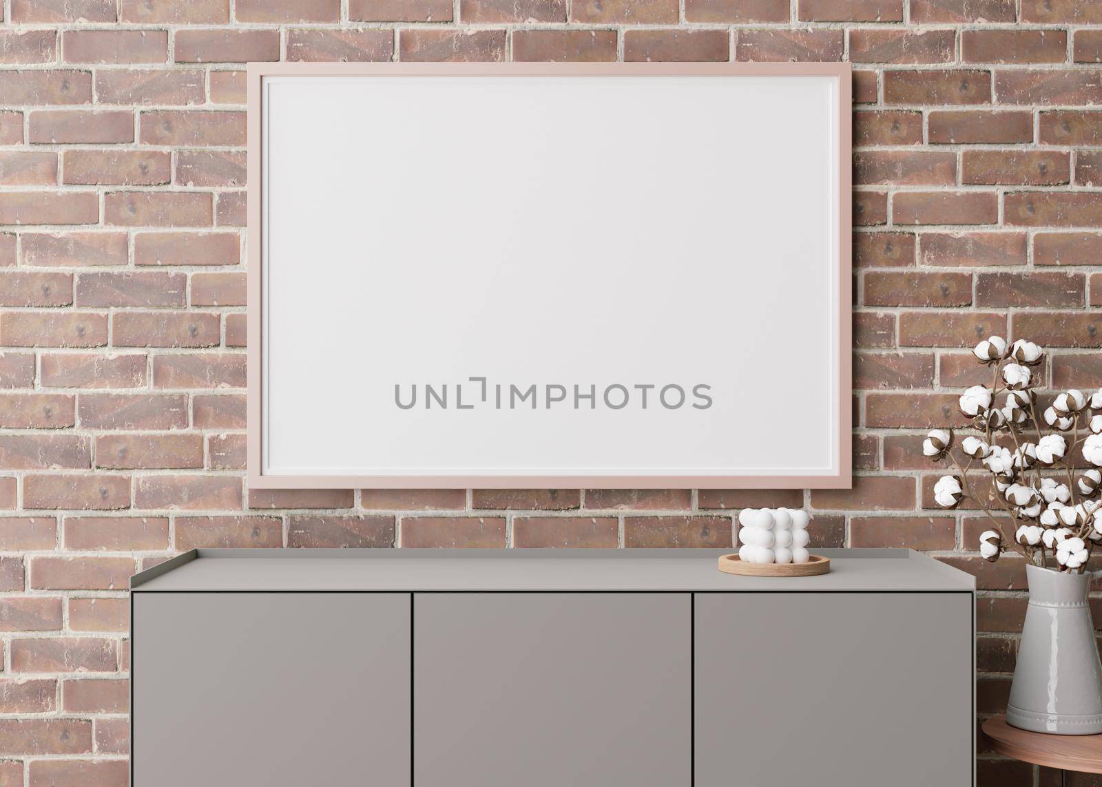 Empty horizontal picture frame on brown brick wall in modern living room. Mock up interior in minimalist, contemporary style. Free space for your picture, poster. Console, cotton plant. 3D rendering
