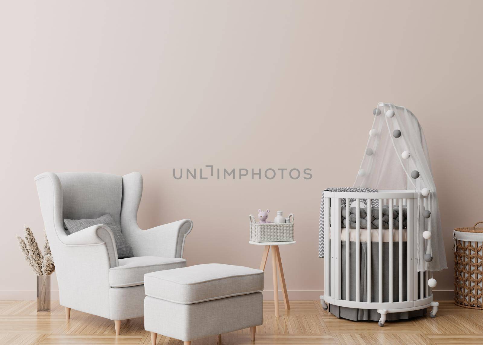 Empty cream wall in modern child room. Mock up interior in scandinavian style. Free, copy space for your picture, poster. Baby bed, armchair, pampas grass in vase. Cozy room for kids. 3D rendering
