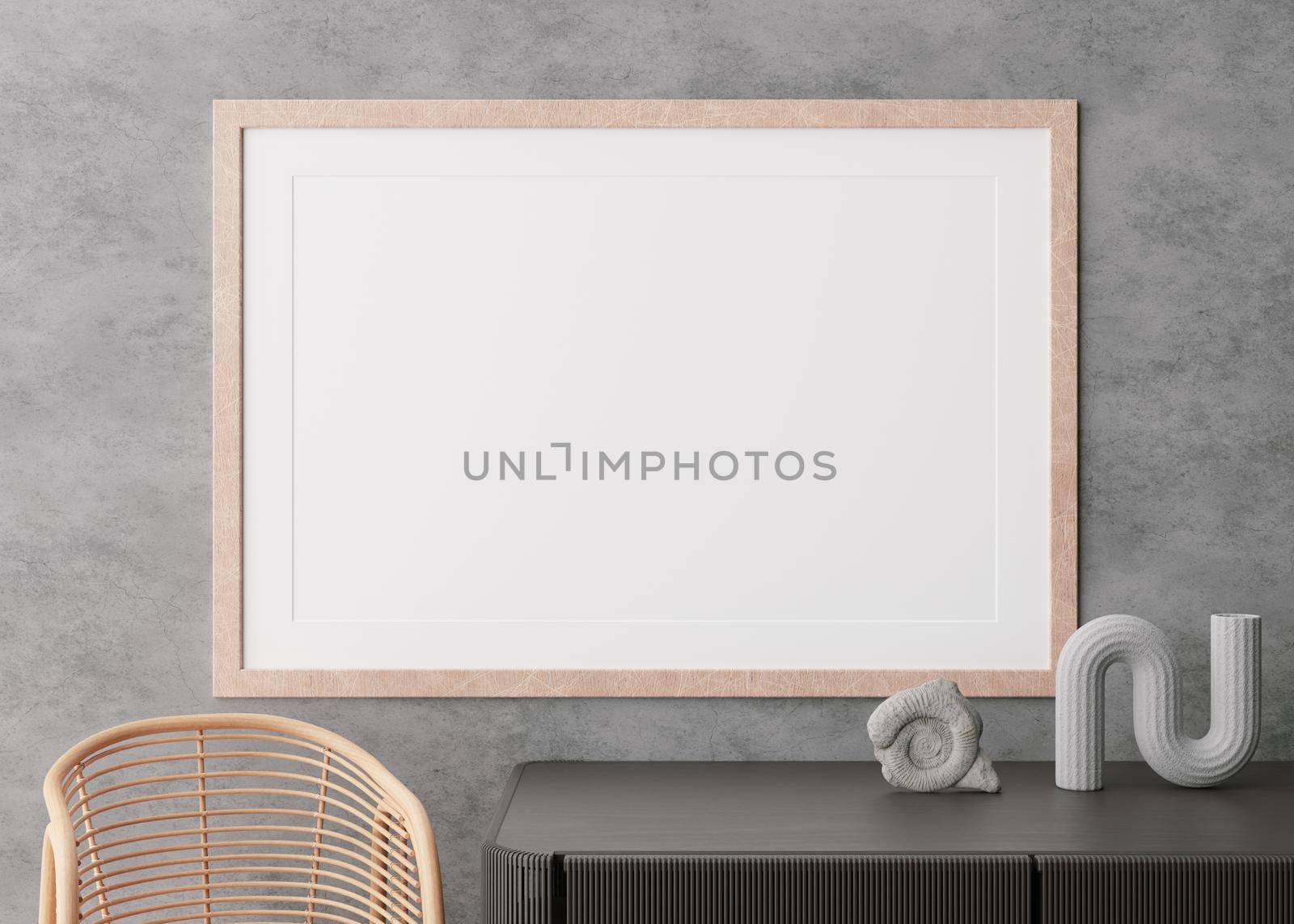 Empty horizontal picture frame on concrete wall in modern living room. Mock up interior in minimalist, contemporary style. Free space for your picture, poster. Console, sculptures. 3D rendering. by creativebird