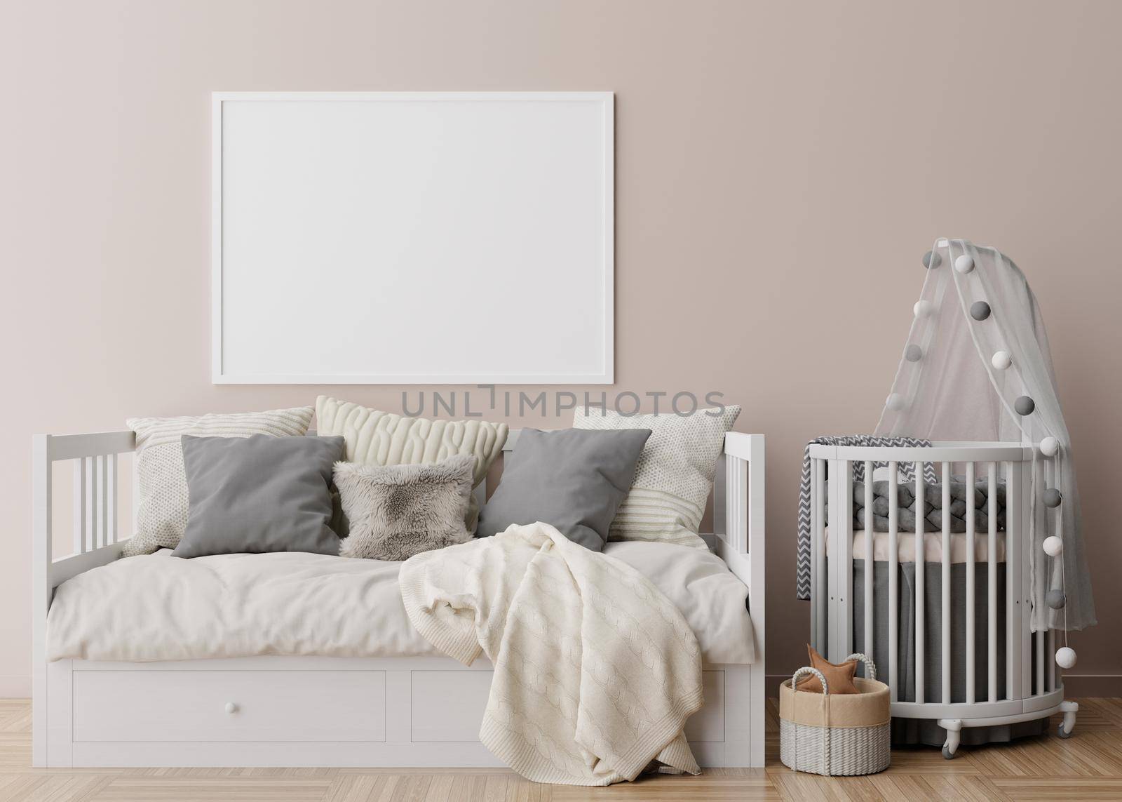 Empty horizontal picture frame on brown wall in modern child room. Mock up interior in scandinavian style. Free, copy space for your picture. Bed, toys. Cozy room for kids. 3D rendering