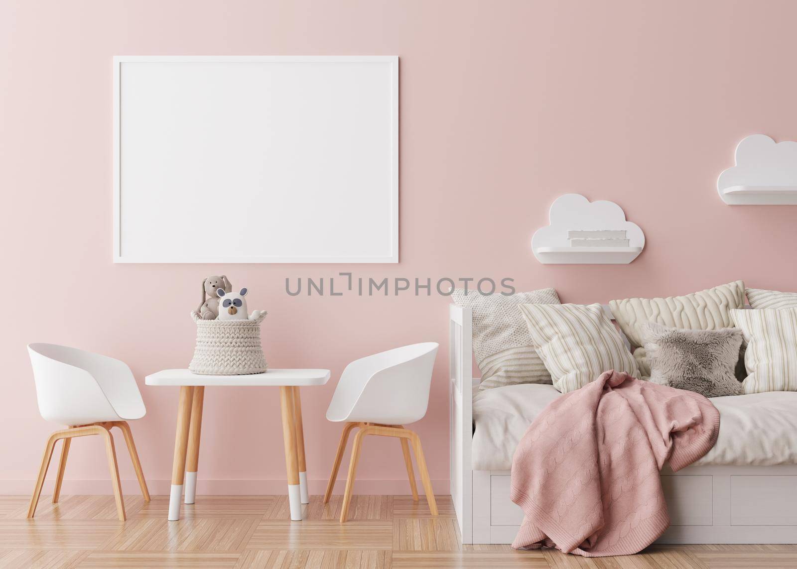 Empty horizontal picture frame on pink wall in modern child room. Mock up interior in scandinavian style. Free, copy space for your picture. Bed, table, chairs, toys. Cozy room for kids. 3D rendering