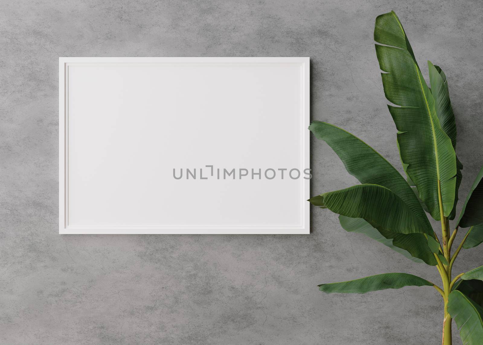 Empty, white, horizontal picture frame on concrete wall. Mock up interior in minimalist, contemporary style. Free, copy space for your picture, poster. Banana plant. 3D rendering. by creativebird