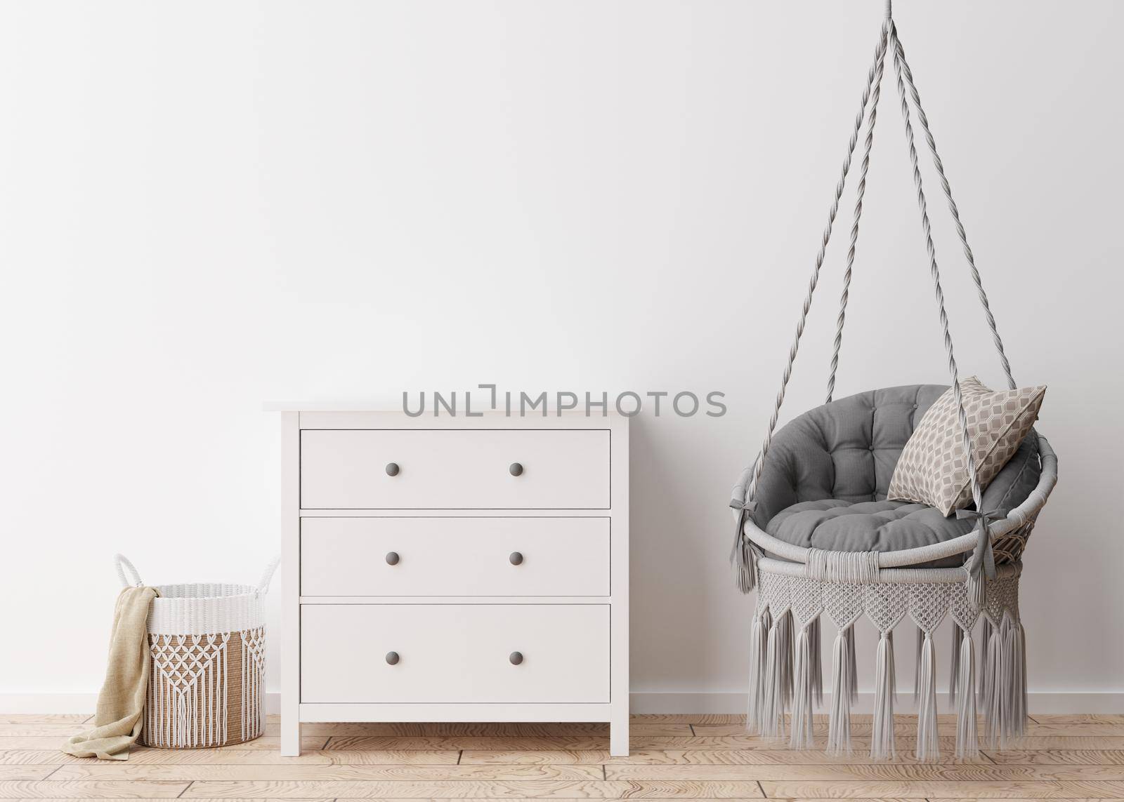 Empty white wall in modern living room. Mock up interior in scandinavian, boho style. Free, copy space for your picture or poster. Console, rattan basket, hanging armchair. 3D rendering