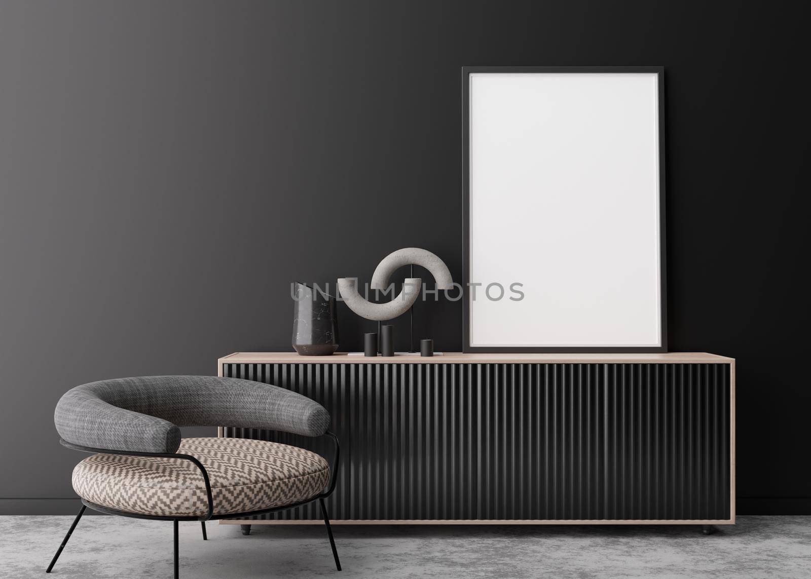 Empty vertical picture frame on black wall in modern living room. Mock up interior in contemporary style. Free space for picture, poster. Console, armchair. 3D rendering