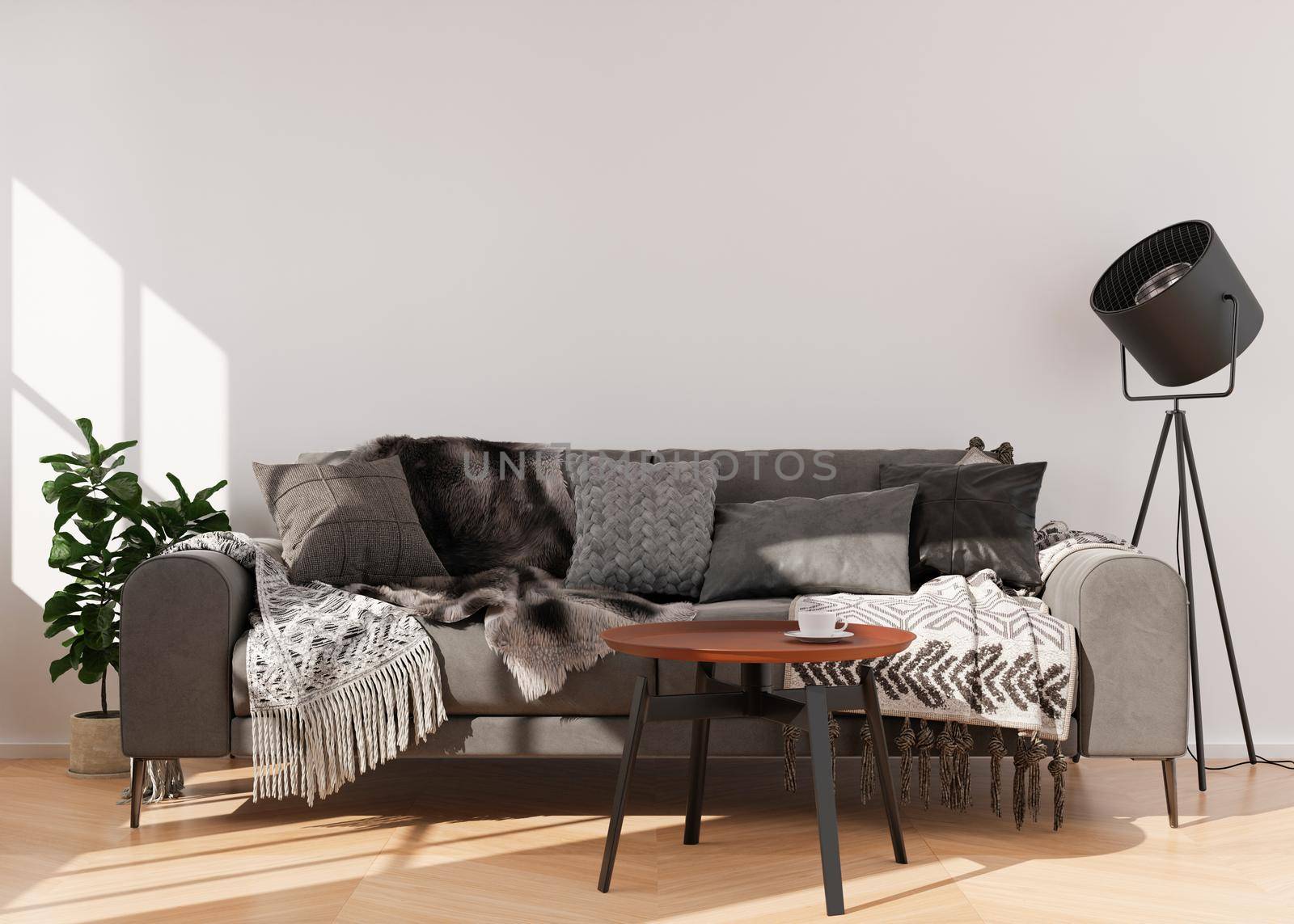 Empty white wall in modern living room. Mock up interior in contemporary style. Free, copy space for your picture, poster, text, or another design. Sofa, table, lamp, plant. 3D rendering
