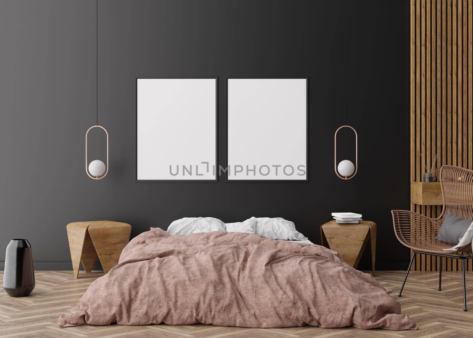 Two empty vertical picture frames on black wall in modern bedroom. Mock up interior in contemporary style. Free space for picture, poster. Bed, parquet, lamps, vase, rattan armchair. 3D rendering