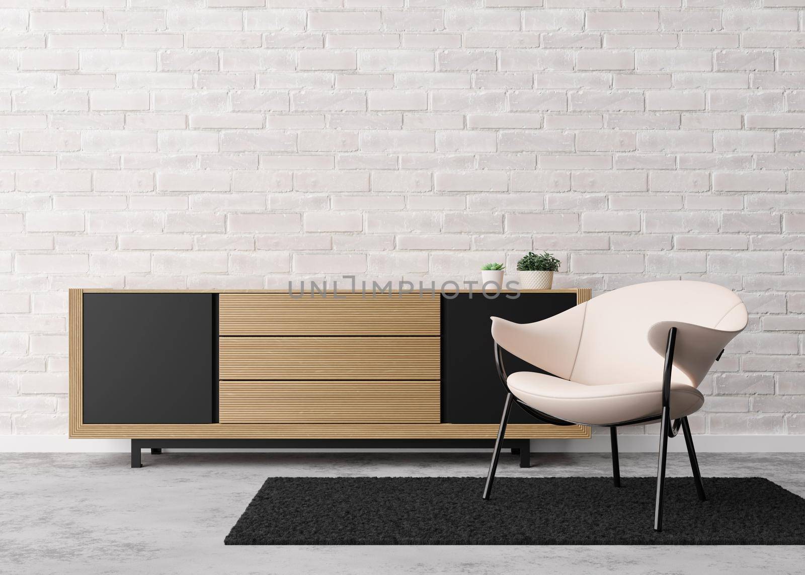 Empty white brick wall in modern living room. Mock up interior in contemporary style. Free space, copy space for your picture, text, or another design. Console, armchair. 3D rendering
