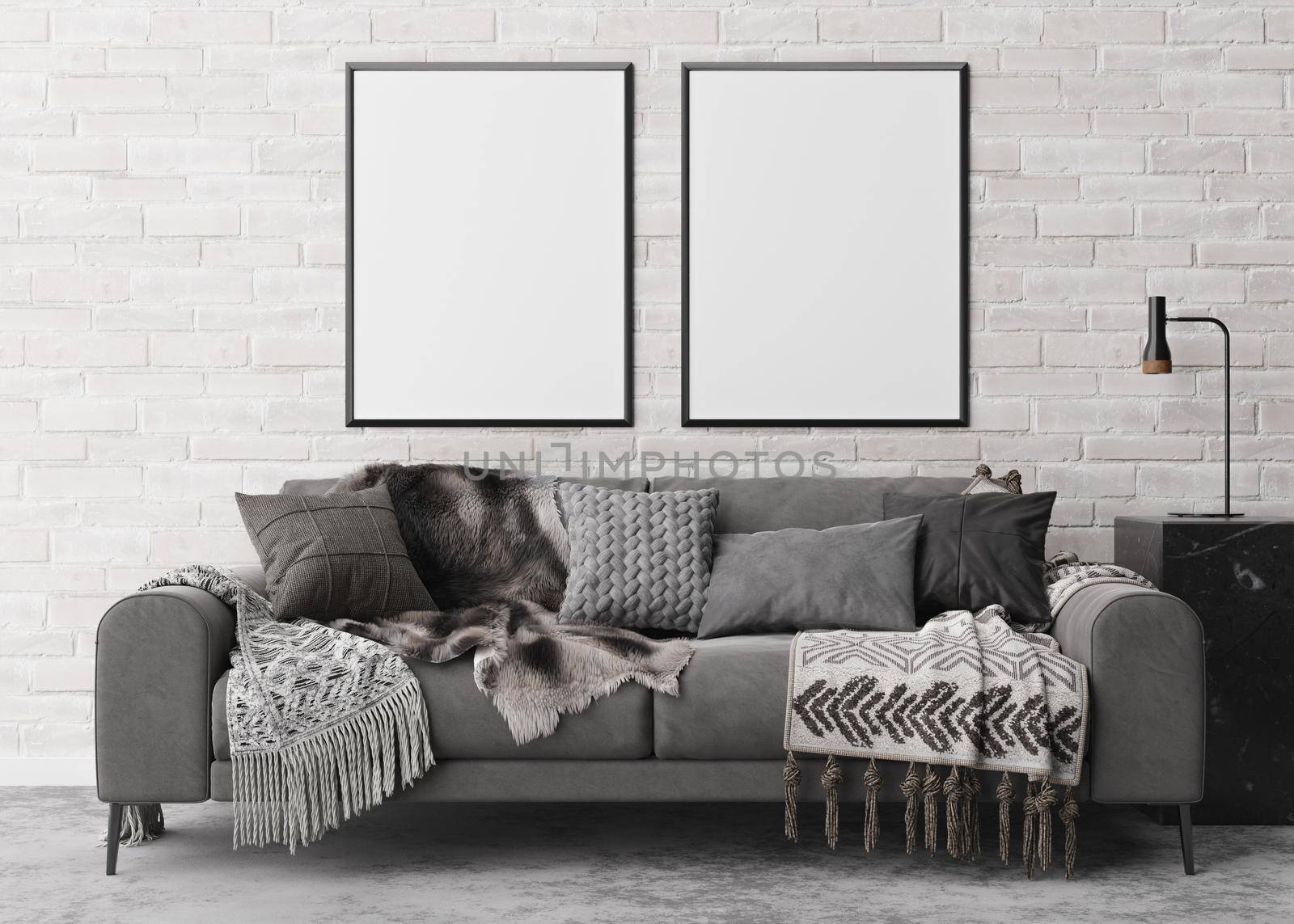 Two empty vertical picture frames on white brick wall in modern living room. Mock up interior in contemporary style. Free space for picture, poster. Sofa, console, lamp. 3D rendering