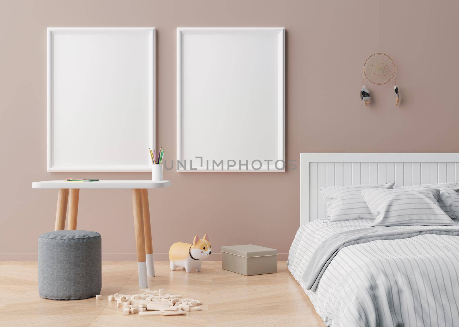 Two empty vertical picture frames on brown wall in modern child room. Mock up interior in scandinavian style. Free, copy space for your picture. Table, bed, toys. Cozy room for kids. 3D rendering