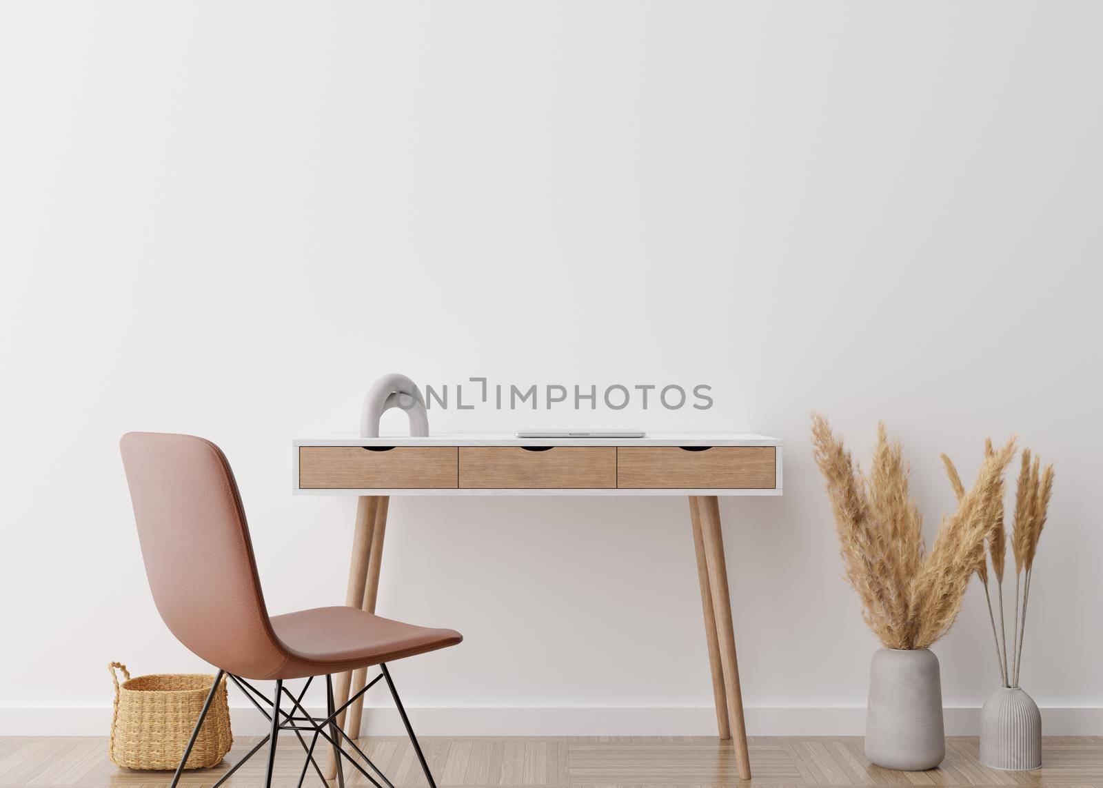 Empty white wall in modern home office. Mock up interior in scandinavian, boho style. Free space, copy space for your picture, poster. Desk, chair, pampas grass, rattan basket. 3D rendering