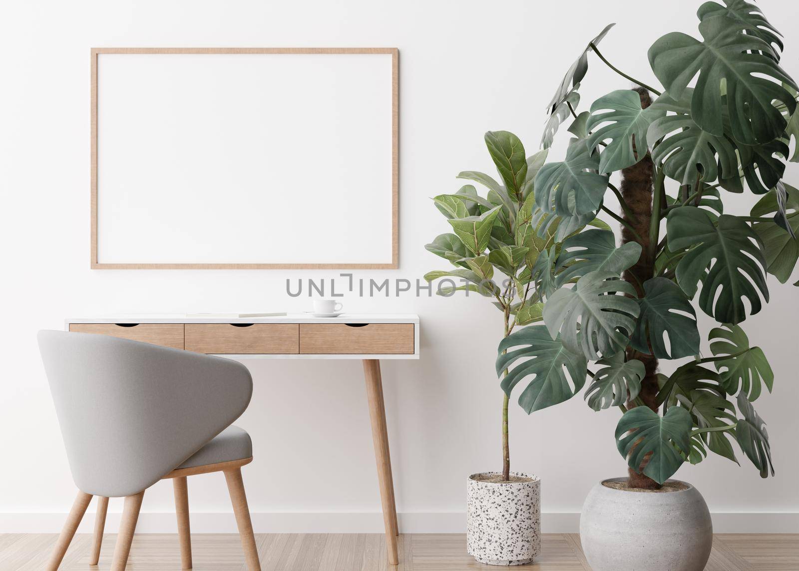 Empty horizontal picture frame on white wall in modern room. Mock up interior in contemporary style. Free space, copy space for your picture, poster. Desk, chair, plants, parquet floor. 3D rendering