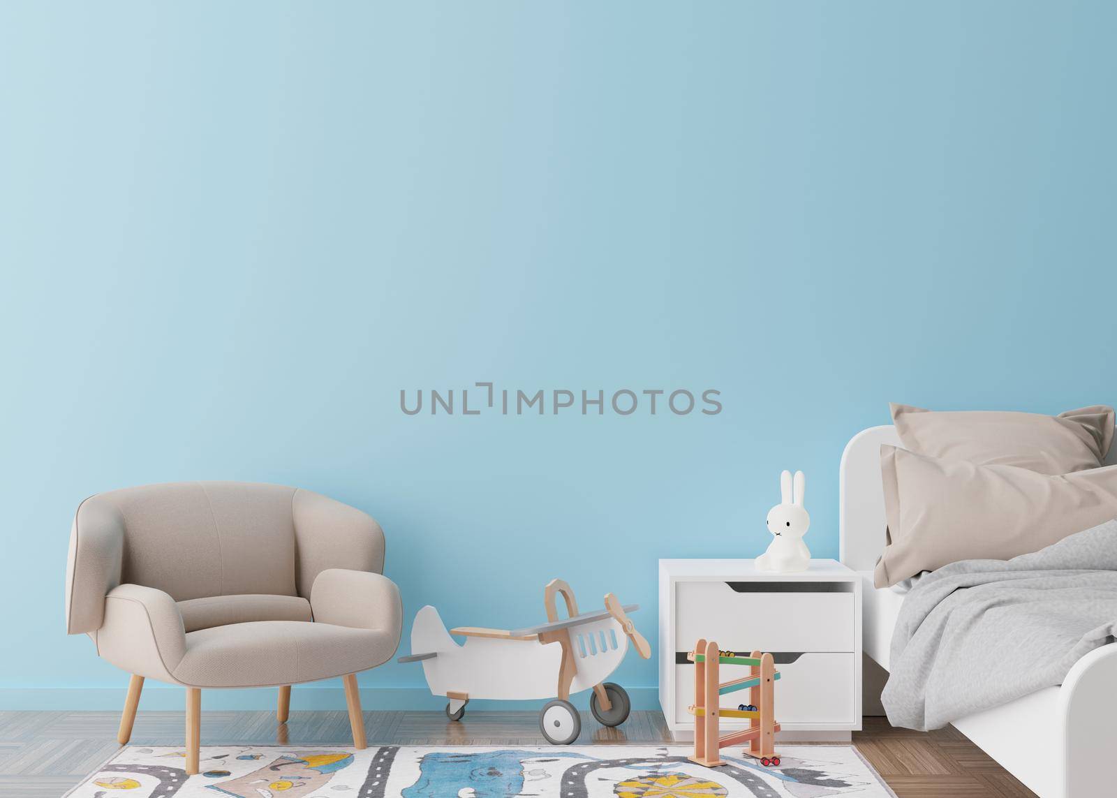 Empty blue wall in modern child room. Mock up interior in contemporary style. Free space, copy space for your picture, text, or another design. Bed, armchair, toys. Cozy room for kids. 3D rendering. by creativebird