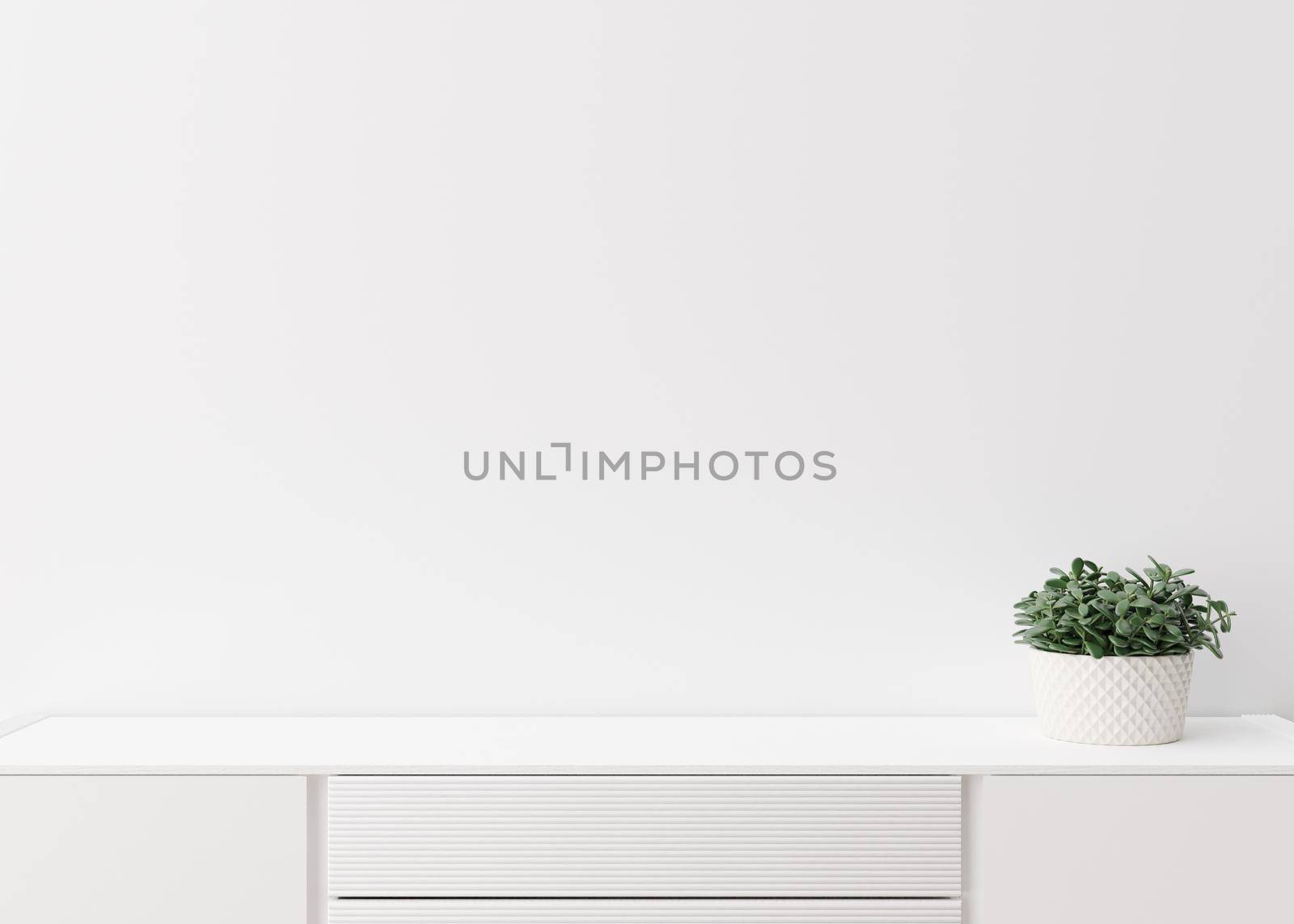 Empty white wall. Mock up interior in contemporary style. Close up view. Free space, copy space for your picture, text, or another design. Sideboard, plant. 3D rendering. by creativebird